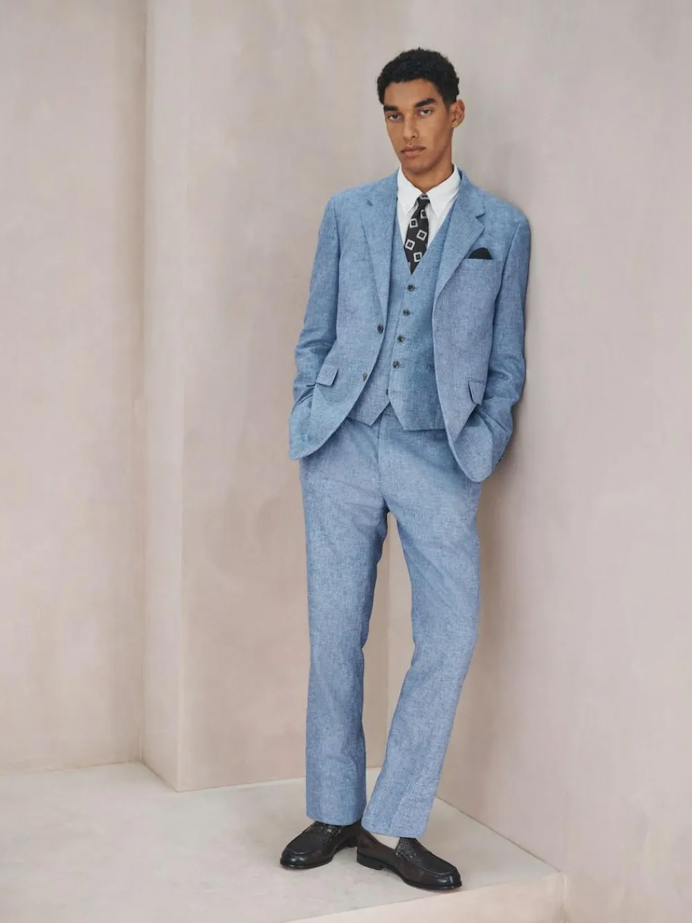 Discount Next Linen Blend Texture Suit Waistcoat Blue