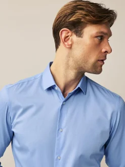 Online Next Slim Fit Double Cuff Easy Care Textured Smart Shirt Blue