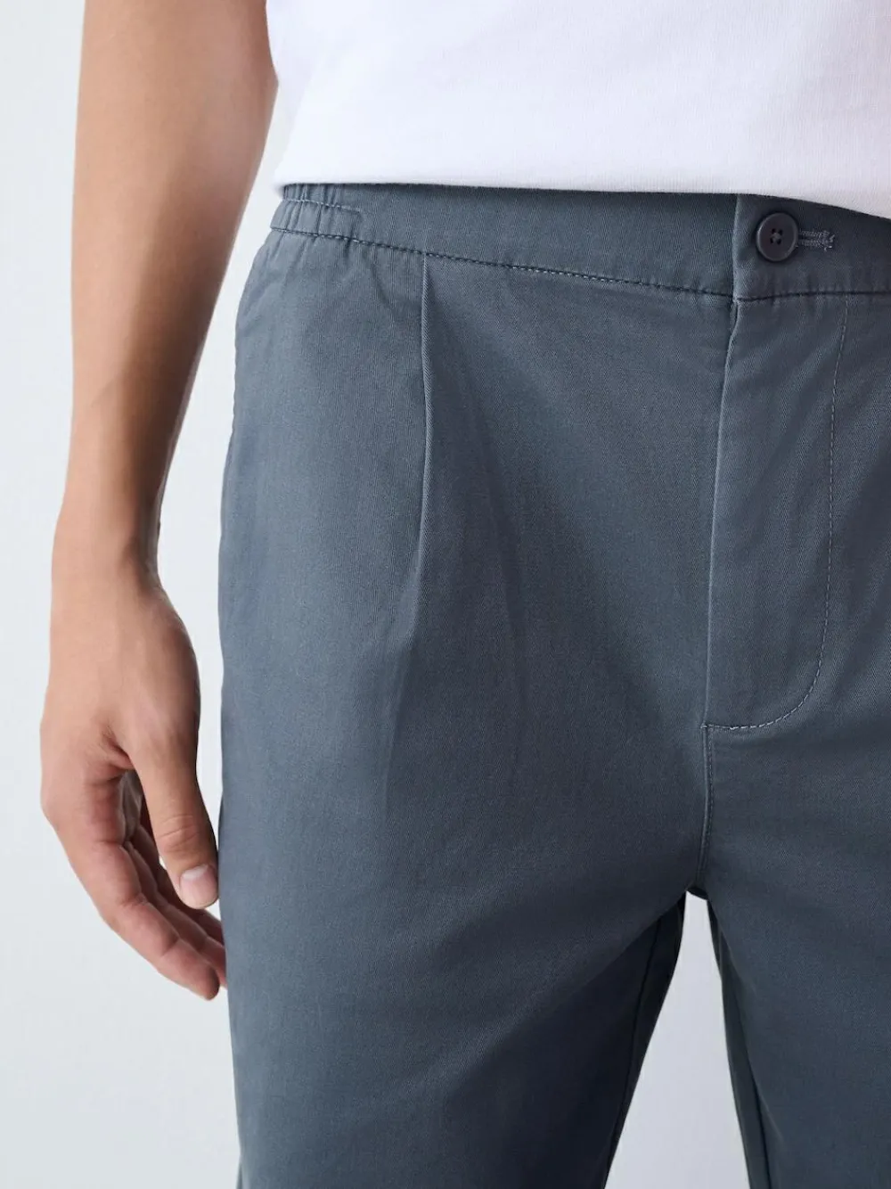 New Next Straight Fit Pleated Stretch Chinos Trousers With Elasticated Waist Blue