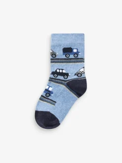 Next Blue Stripes/Transport Cotton Rich Socks 7 Pack^BOY Socks & Tights|Socks & Tights