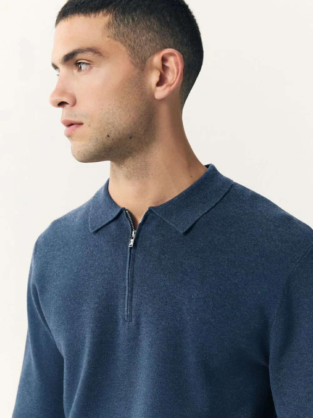 Best Next Blue Zip Neck N.Premium Regular Fit Premium Mid Weight Long Sleeve Knit Polo Shirt