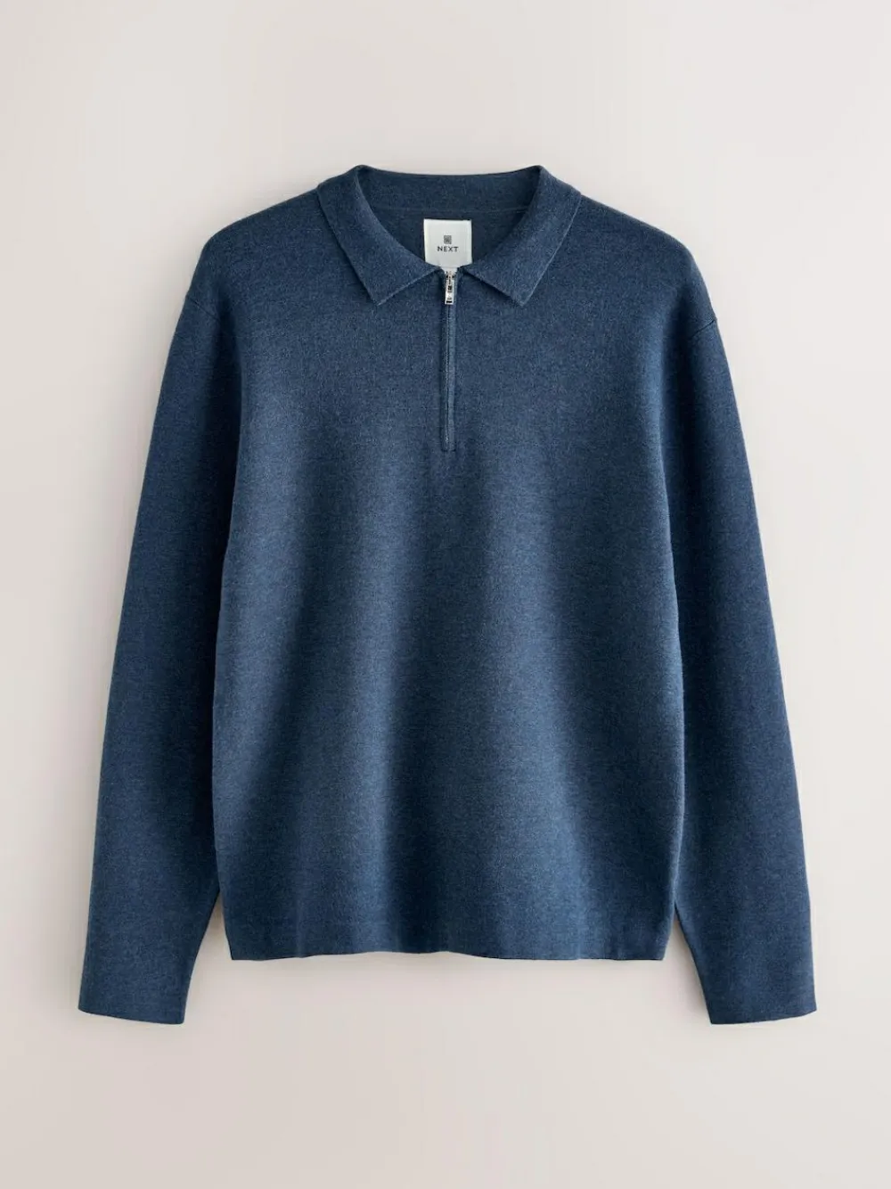 Best Next Blue Zip Neck N.Premium Regular Fit Premium Mid Weight Long Sleeve Knit Polo Shirt