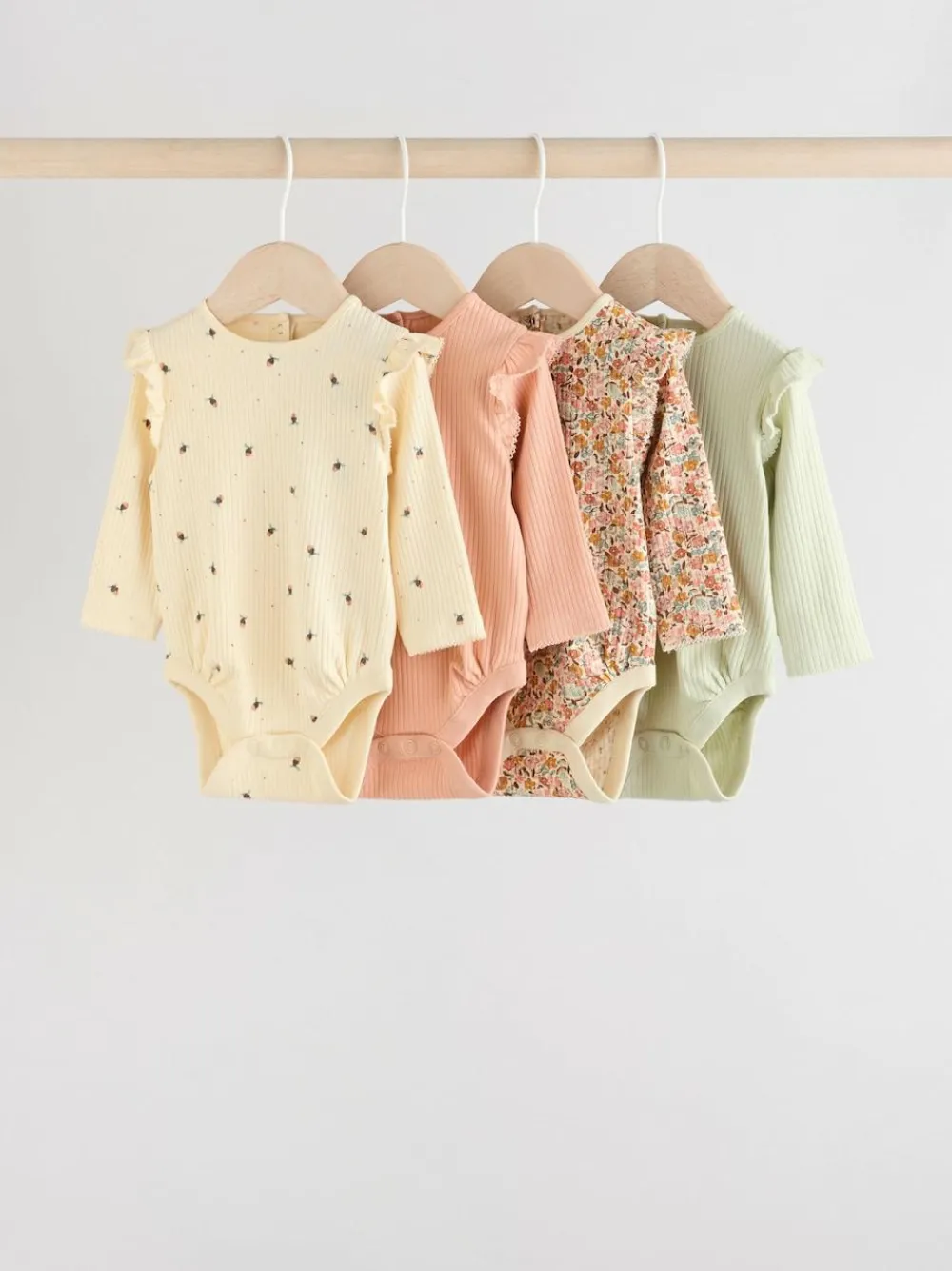 Outlet Next Baby Long Sleeve Frill Bodysuits 4 Pack (0mths-2yrs) Blue/Cream/Coral Ditsy