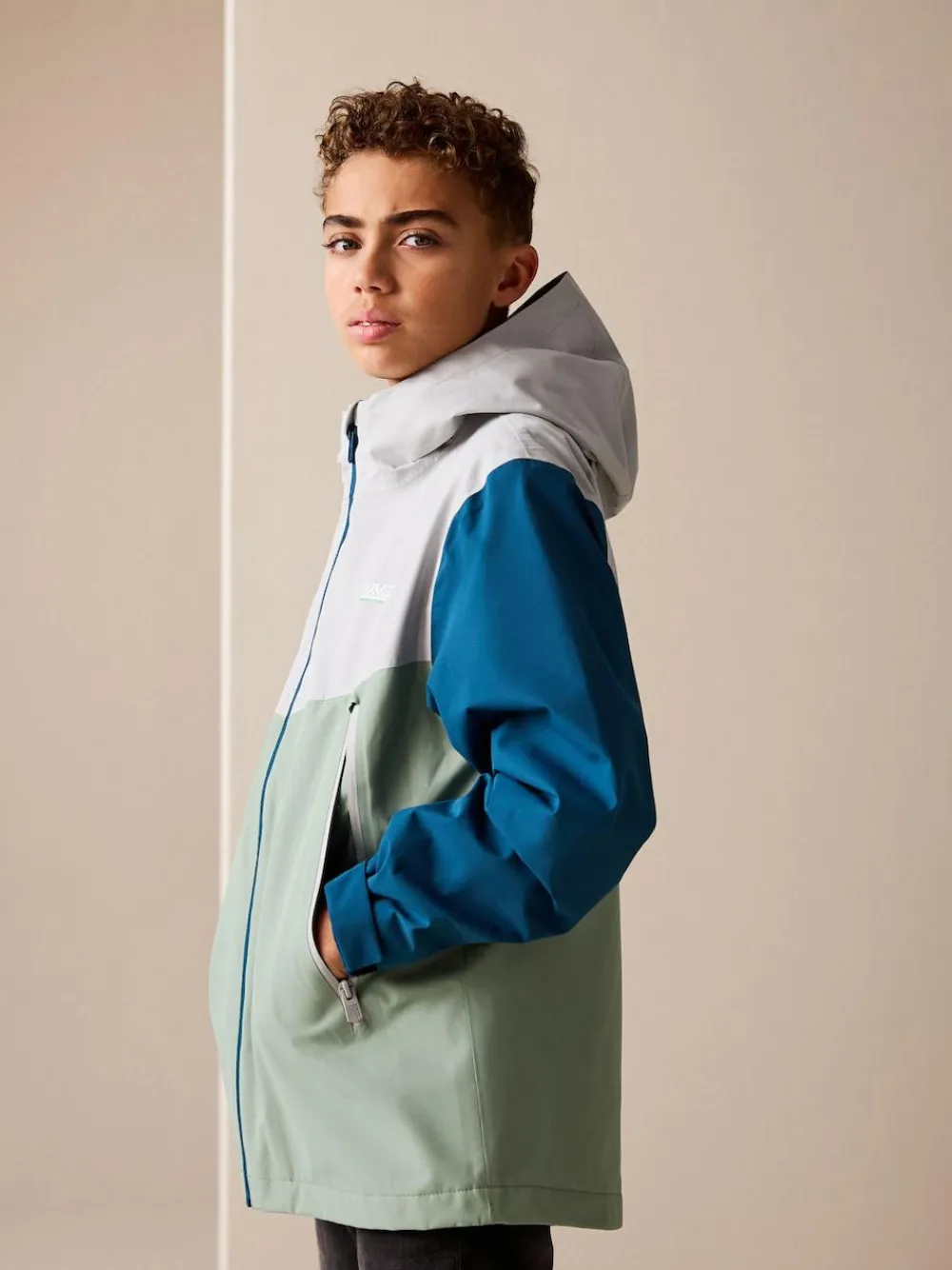 Discount Next Blue/Green Colour Block Waterproof Fleece Lined Hooded Jacket (3-16yrs)