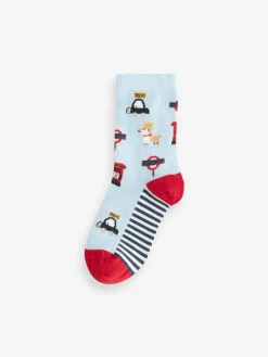 Next Blue/Red London Bus Character Cotton Rich Socks 5 Pack^BOY Socks