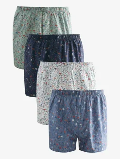 Next Blue/White/Green Floral 4 pack Woven Pure Boxers^ Underwear|Underwear