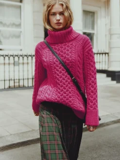 Clearance Next Roll Neck Cable Longline Jumper with Wool Bright Pink