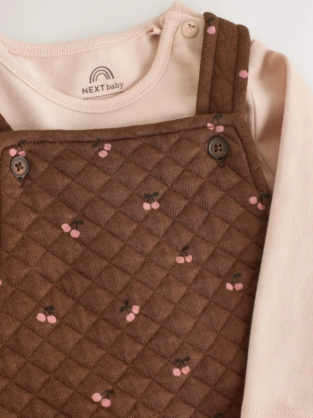 New Next Brown Cherry Quilted Dungaree and Bodysuit Baby 2 Piece Set (0mths-3yrs)