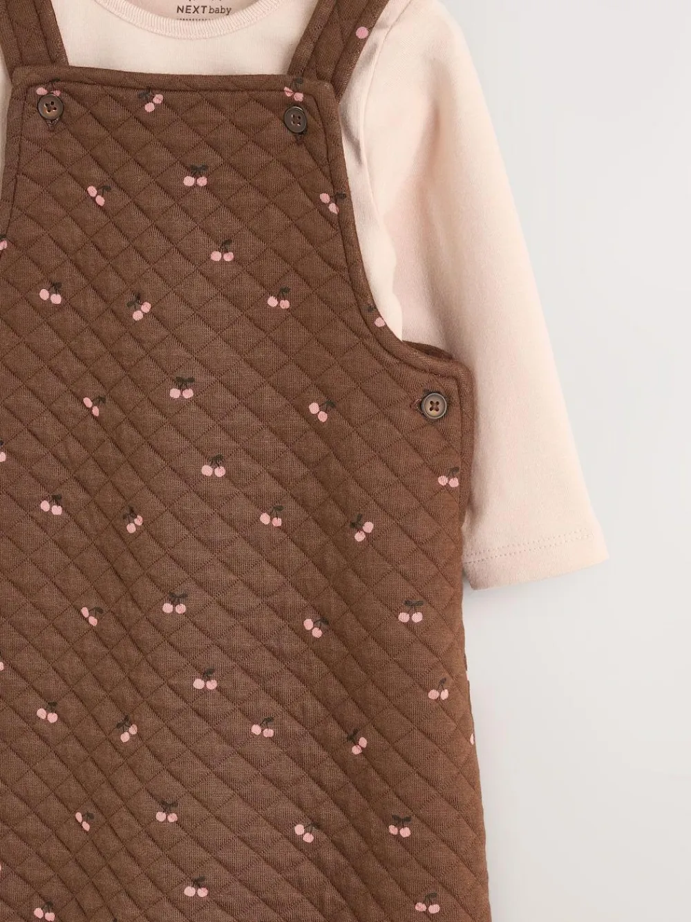 New Next Brown Cherry Quilted Dungaree and Bodysuit Baby 2 Piece Set (0mths-3yrs)