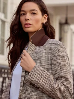 Discount Next Brown N.Premium Check Linen Rich Single Breasted Blazer