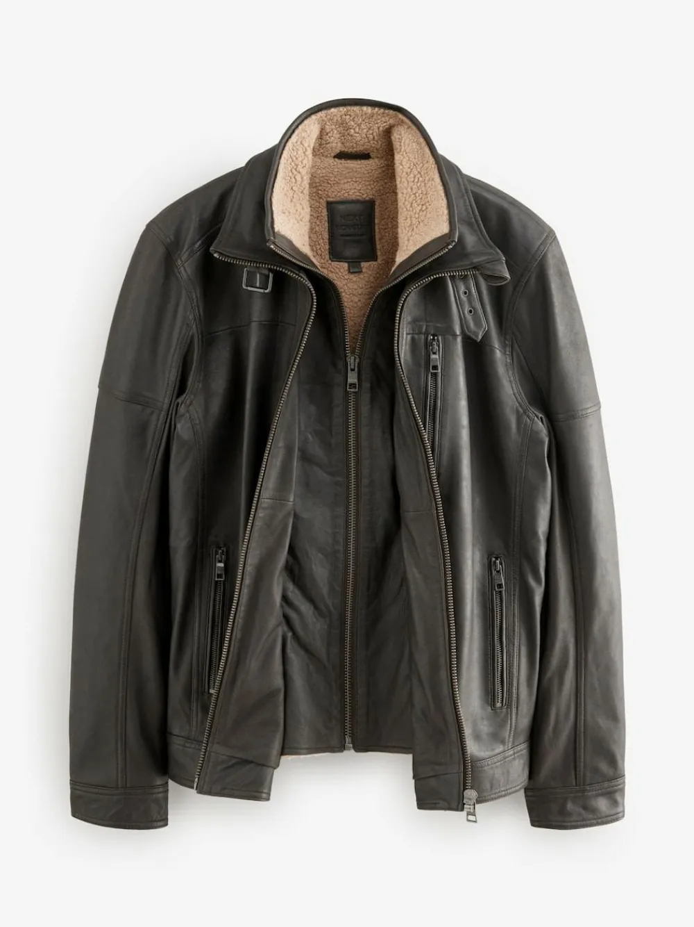 New Next Signature Four Pocket Borg Lined Leather Jacket Brown