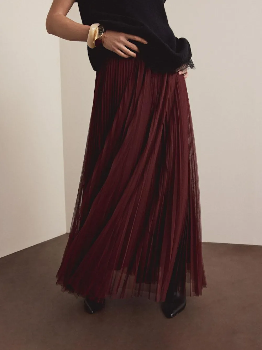 New Next Mesh Pleated Maxi Skirt Burgundy Red
