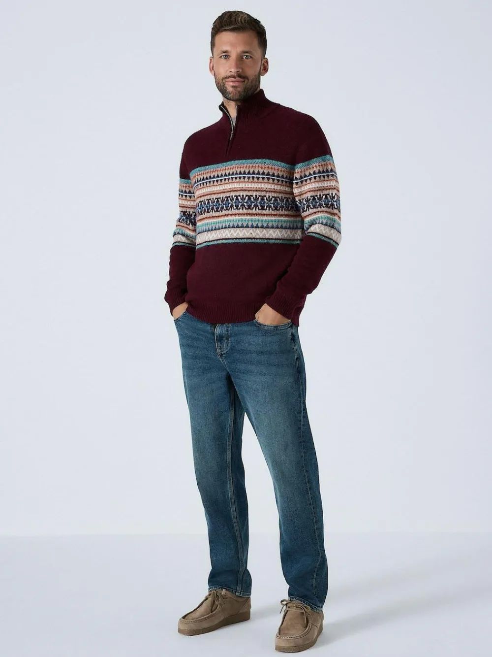 New Next Burgundy Red Regular Fit Fairisle Pattern Chest Block Zip Neck Jumper