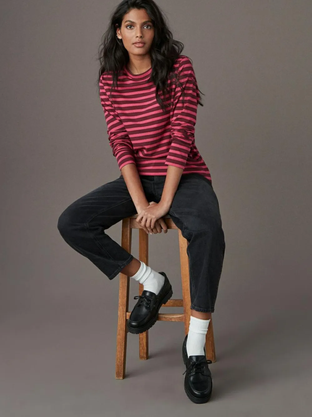 Next Burgundy Red Stripe Long Sleeve Crew Neck T-Shirt^Women Nightwear|Tops & T-Shirts