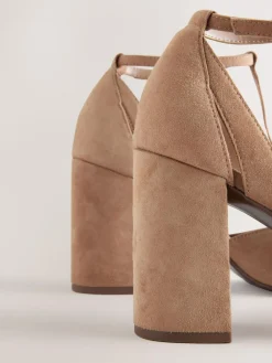Sale Next Camel Suede Leather Round Toe Cut Out T-Bar Block Heel Shoes