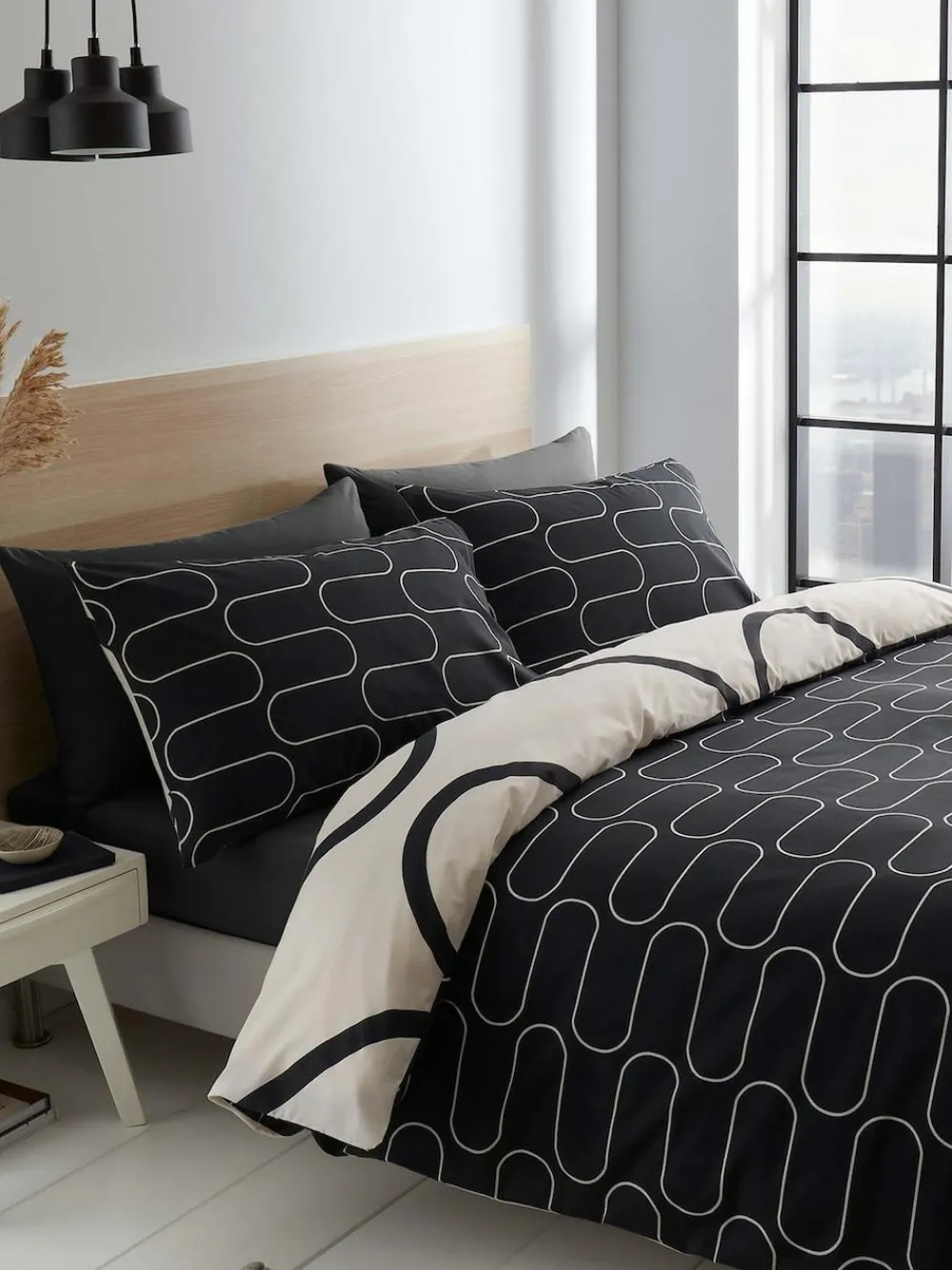 Online Catherine Lansfield Linear Curve Geo Duvet Cover Set Natural