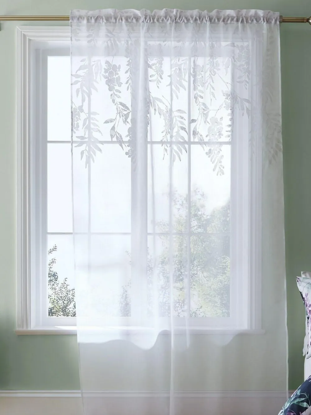 Discount Catherine Lansfield White Wisteria Floral Slot Top Voile Curtain Panel