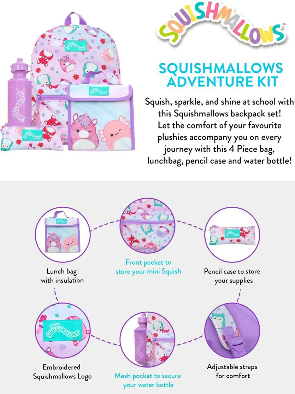Hot Character Purple Squishmallows 4 Pc Backpack Set