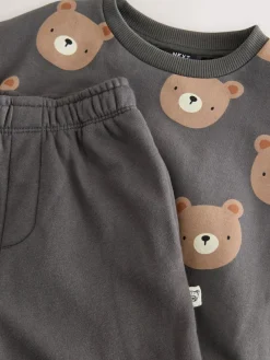 Outlet Next Charcoal Grey Bear All Over Single Sweatshirt And Stripe Joggers Set (3mths-7yrs)
