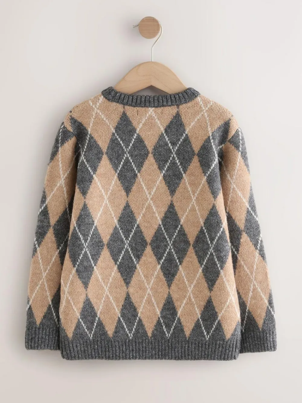 Outlet Next Knitted Crew Neck Jumper (3-16yrs) Charcoal Grey/Tan Brown Argyle