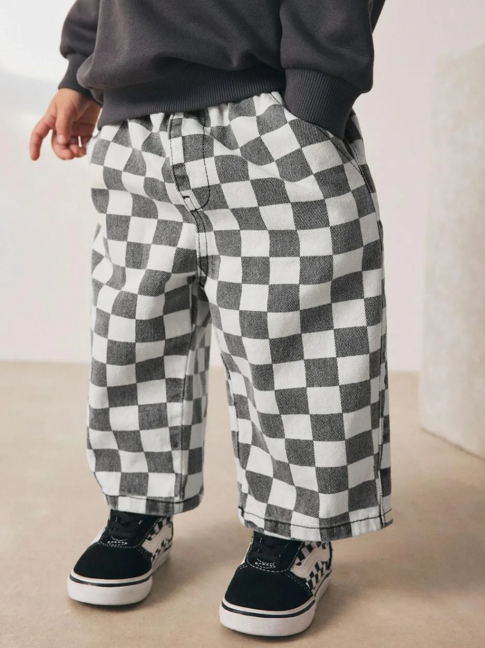 Next Checkerboard/Blue Stripe Pull On Wide Trousers 2 Pack (3mths-7yrs)^BOY Pants & Leggings|Multipacks