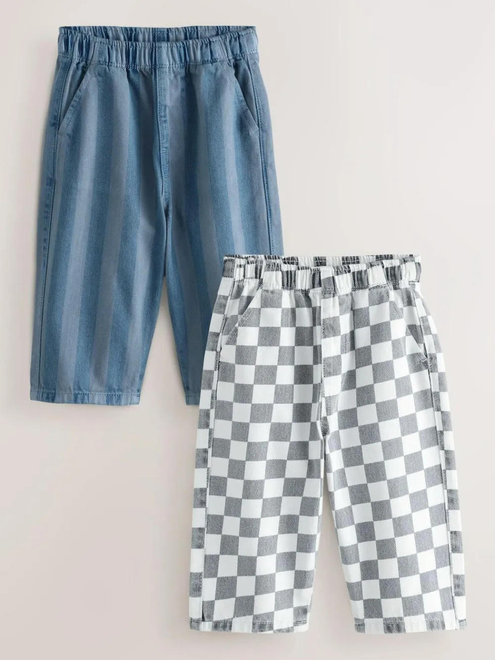 Next Checkerboard/Blue Stripe Pull On Wide Trousers 2 Pack (3mths-7yrs)^BOY Pants & Leggings|Multipacks