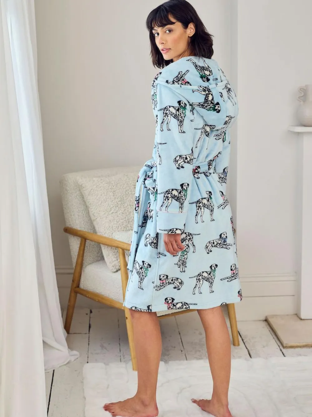 Chelsea Peers Blue Fleece Dalmatian Dogs Print Dressing Gown^Women Bathrobes