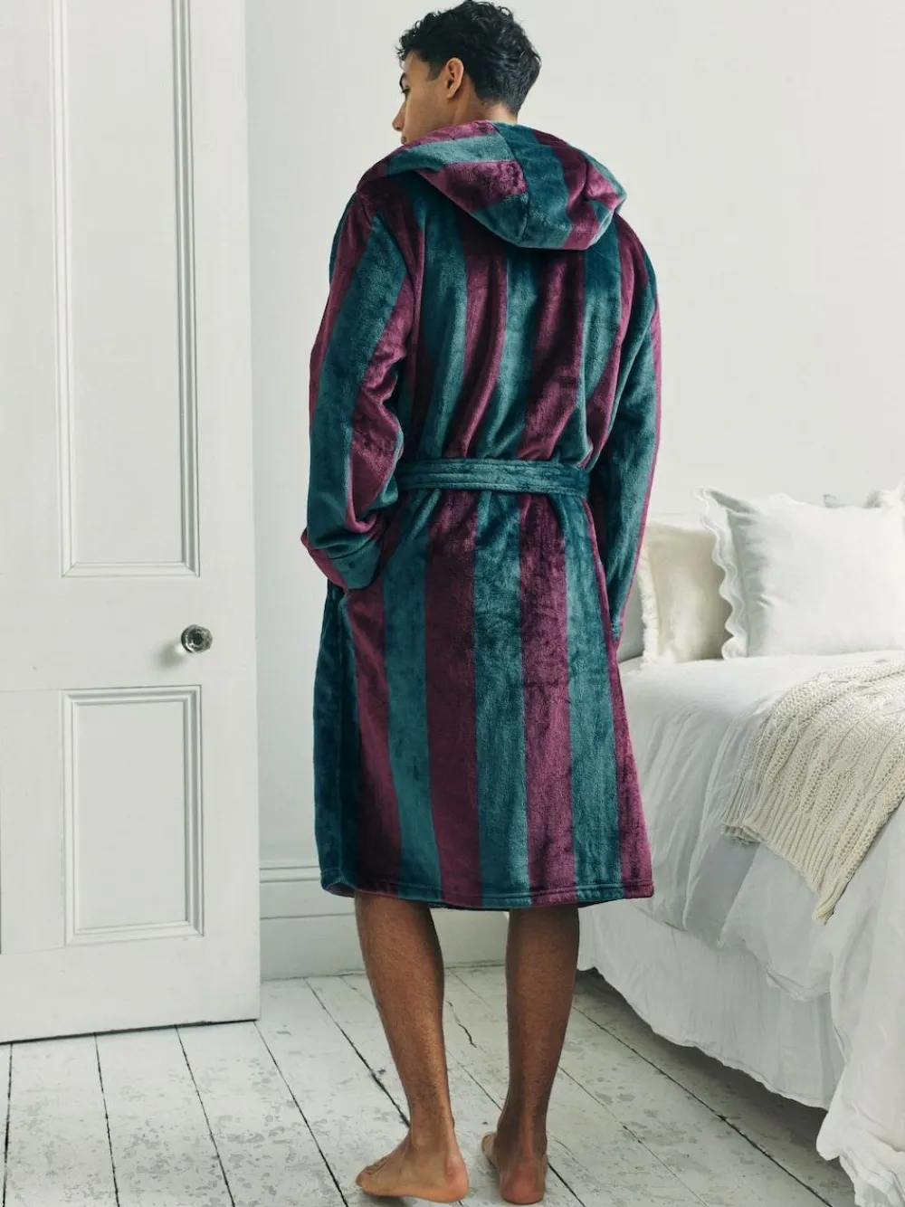 Outlet Chelsea Peers Blue Fleece Stripe Hooded Dressing Gown