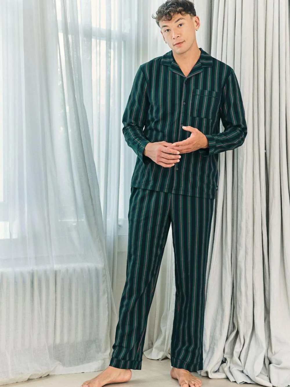 Outlet Chelsea Peers Blue Stripe Button Up Long Pyjamas Set