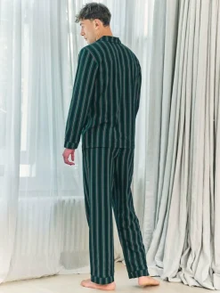 Outlet Chelsea Peers Blue Stripe Button Up Long Pyjamas Set