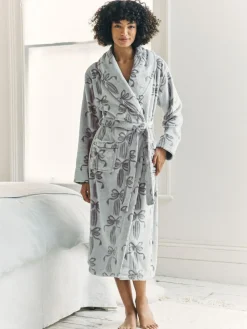 Outlet Chelsea Peers Cream Fleece Burnout Ribbon Bow Long Dressing Gown