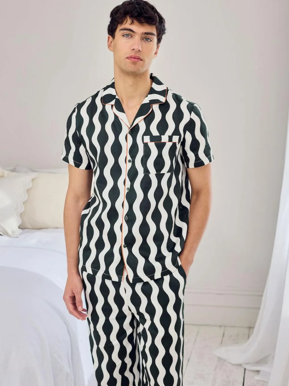 Chelsea Peers Green Cotton Poplin Wavy Stripe Long Pyjamas Set^ Pyjamas