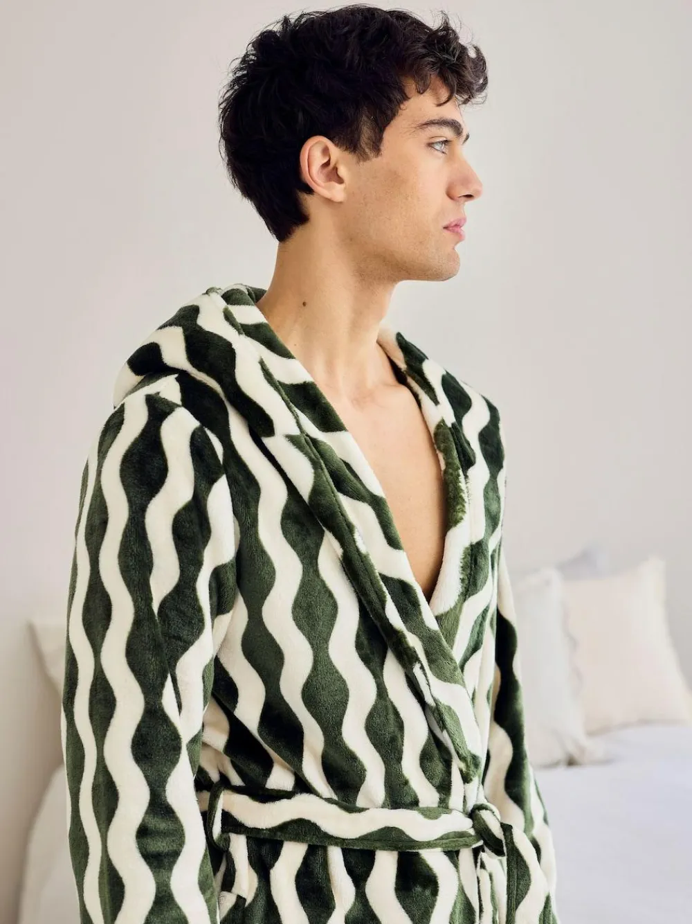 Chelsea Peers Green Fleece Wavy Stripe Hooded Dressing Gown^ Bathrobe