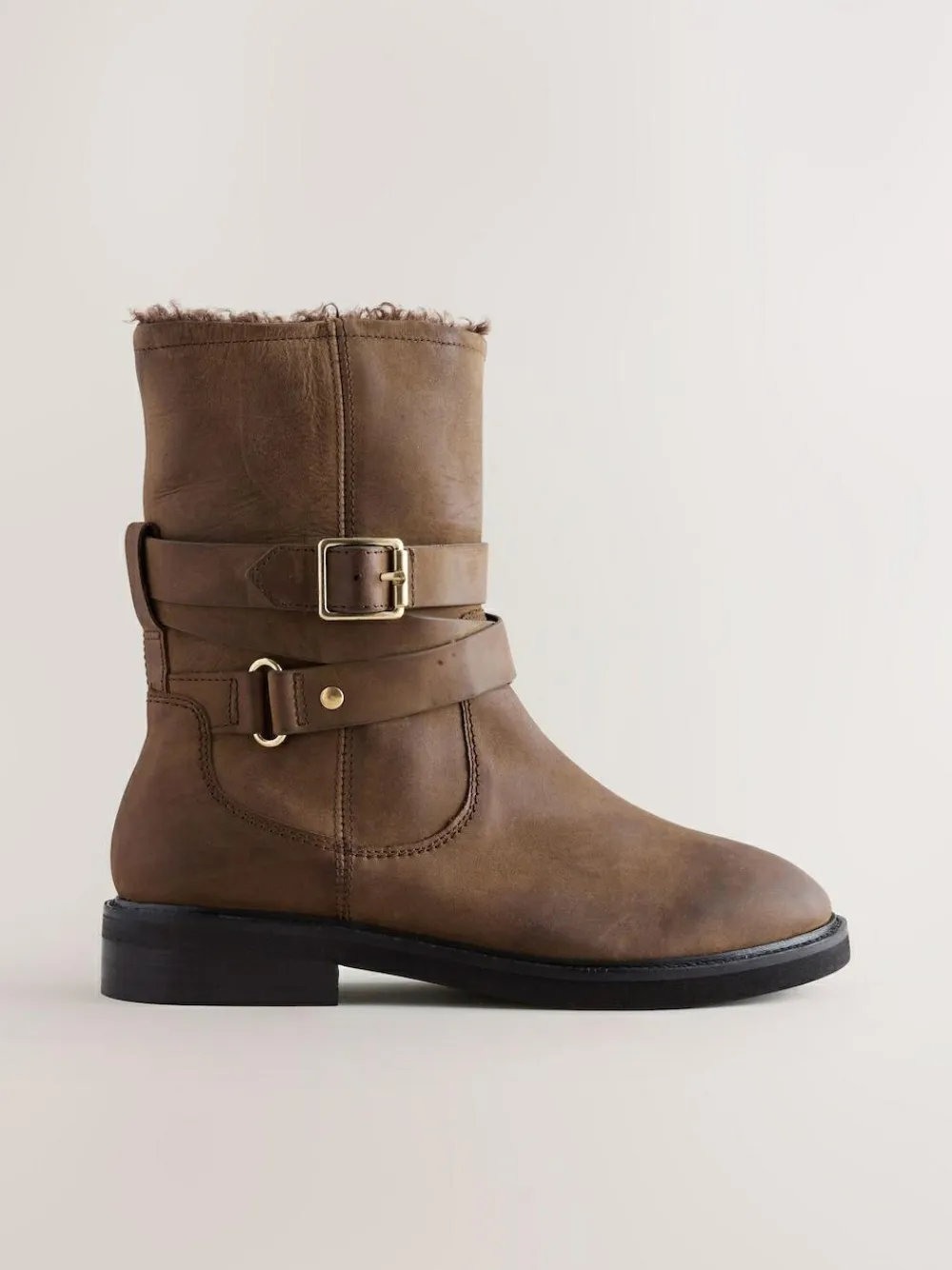 Next Forever Comfort® Borg Lined Buckle Trim Ankle Boots Chestnut Brown Oiled Leather