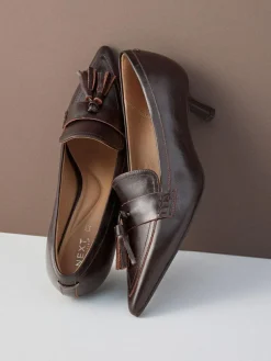 Next Premium Leather With Motionflex Point Toe Tassel Heels Loafers^Women Wide Fit & Extra Wide Fit|Heels