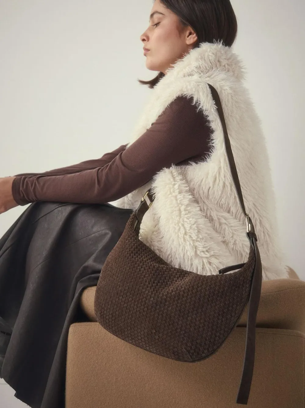 Next Chocolate Brown N. Premium Suede Sling Weave Shoulder Bag^Women Bags