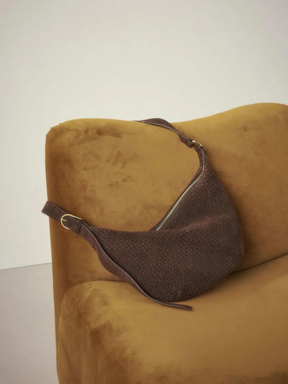 Next Chocolate Brown N. Premium Suede Sling Weave Shoulder Bag^Women Bags
