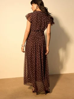 Next Pleated Mesh Print V-Neck Occasion Maxi Dress^Women Occasionwear|Occasion Dresses