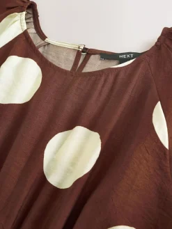 New Next Print Puff Sleeve Midi Dress Chocolate Brown Spot