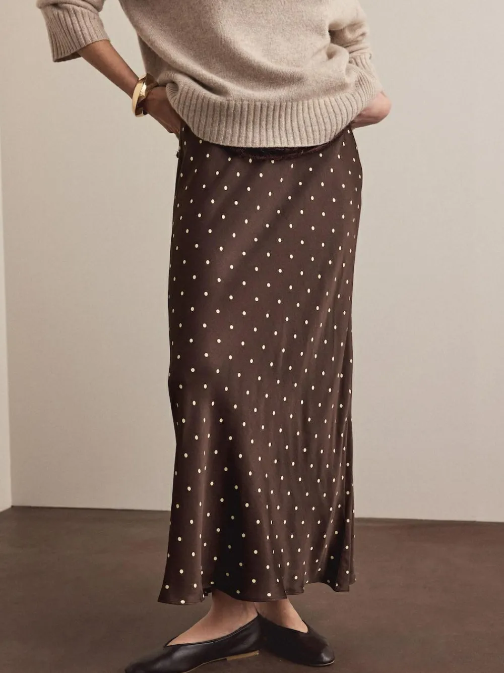 Discount Next Satin Midi Skirt Chocolate Brown/Cream Polka Dot