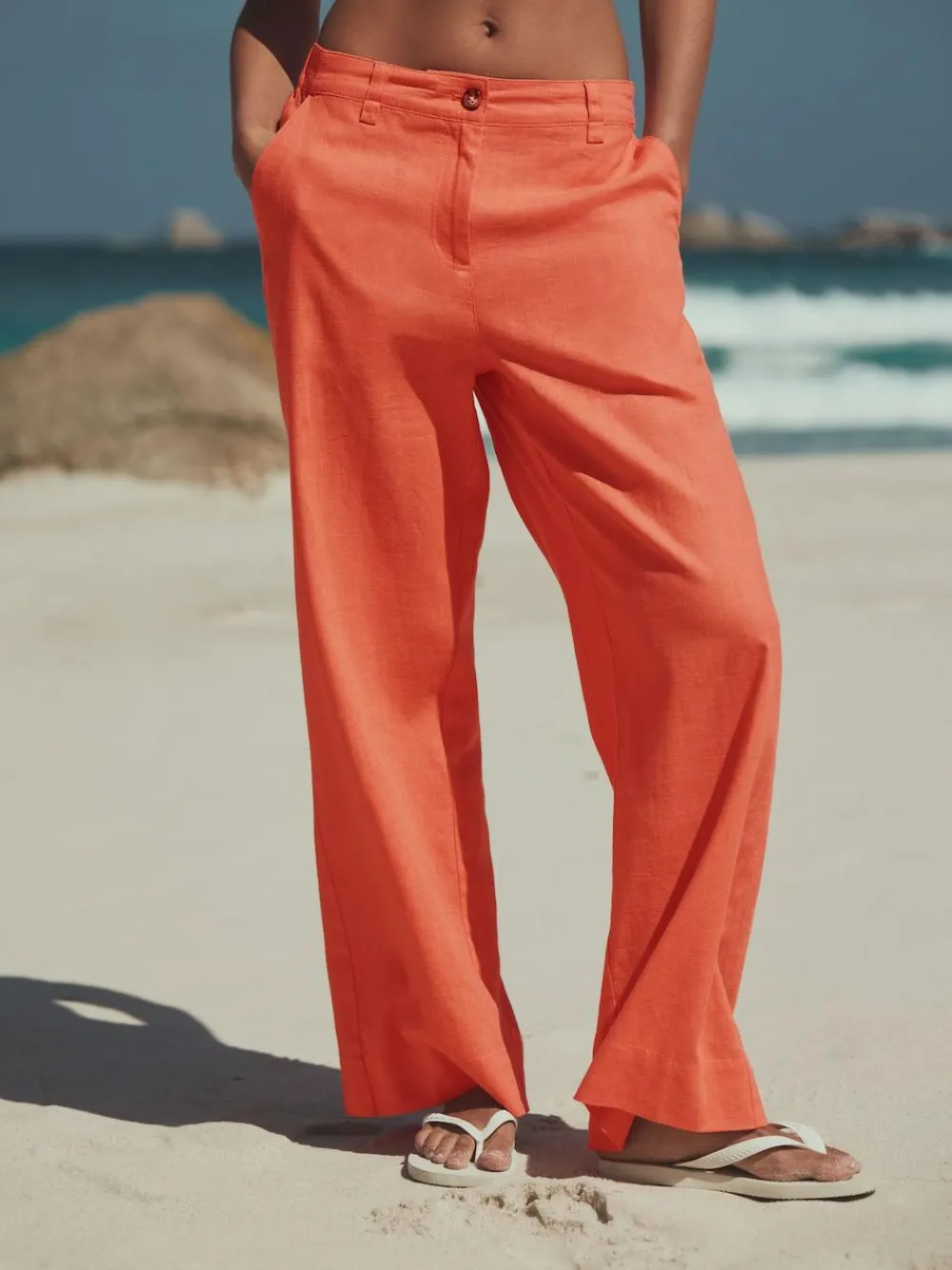 Online Next Smart Front Linen Blend Wide Leg Trousers Coral Pink
