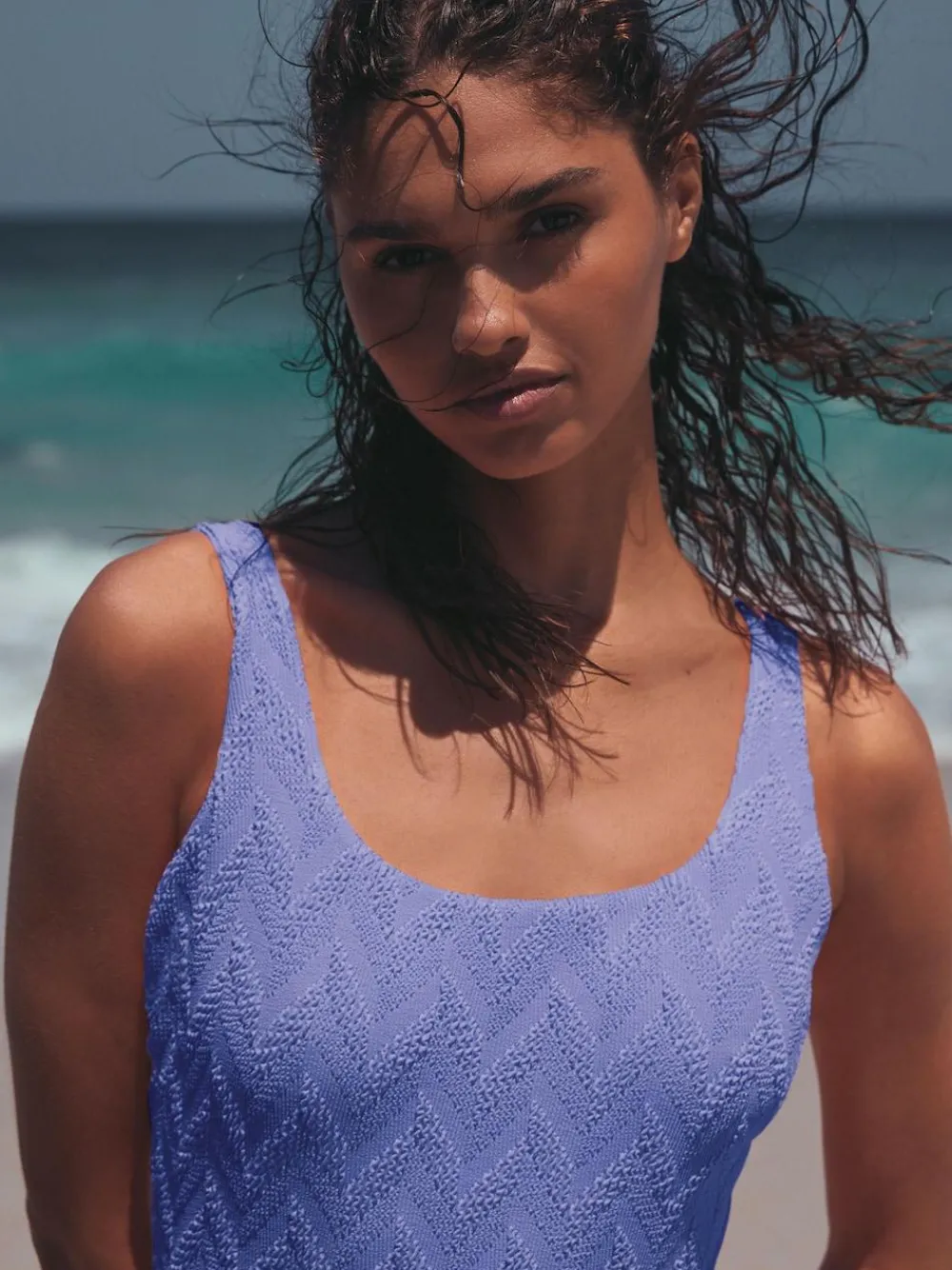 Next Cornflower Blue Textured Scoop Neck Tummy Control Swimsuit^Women Swimwear