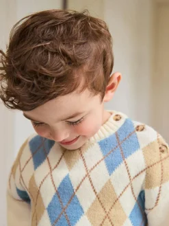 New Next Knitted Crew Neck Cotton Jumper (3mths-7yrs) Cream Argyle