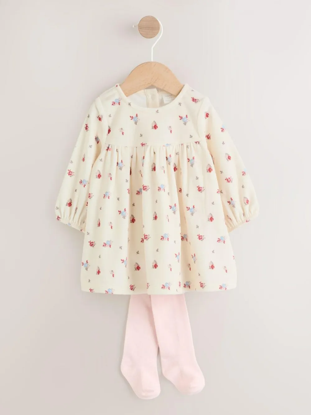Next Baby Long Sleeve Velour Dress and Tights Set 2 Piece (0mths-2yrs) Cream Ditsy