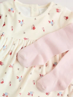 Next Baby Long Sleeve Velour Dress and Tights Set 2 Piece (0mths-2yrs) Cream Ditsy