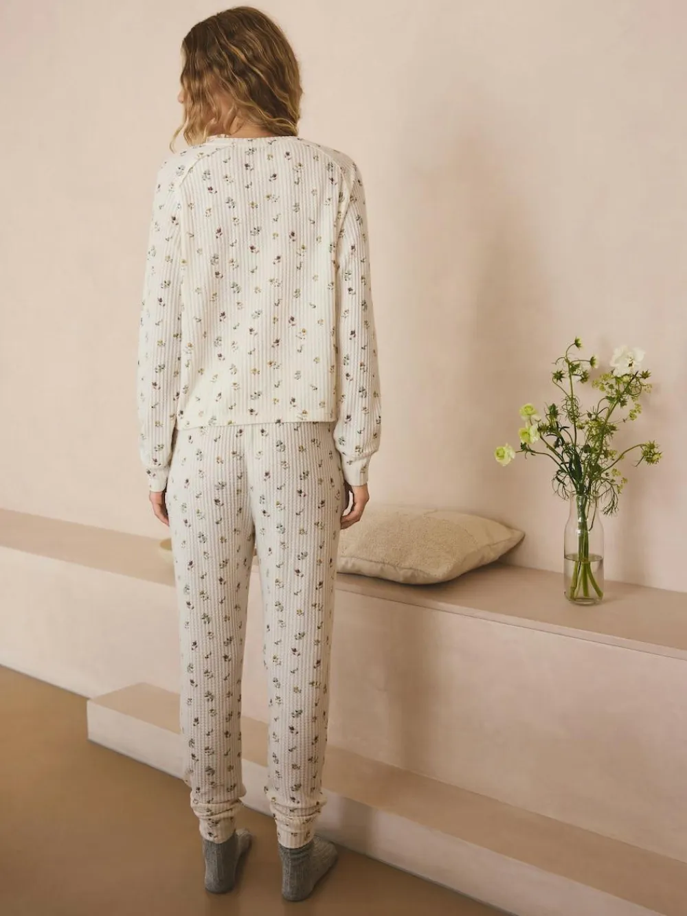 Next Cream Floral Cosy Waffle Long Sleeve Pyjamas^Women Pyjamas|All Night & Lounge