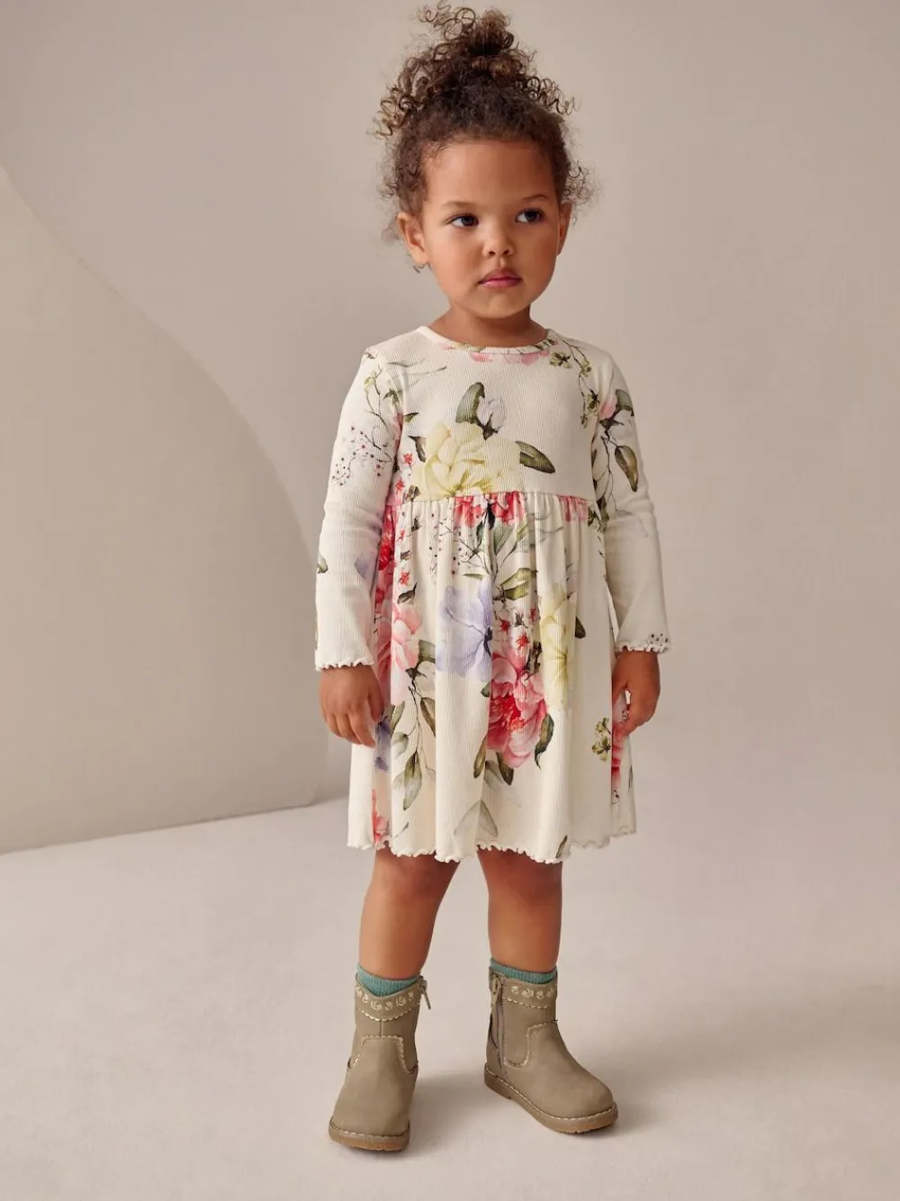 Best Next Cream Floral Long Sleeve Ribbed Dress (3mths-7yrs)