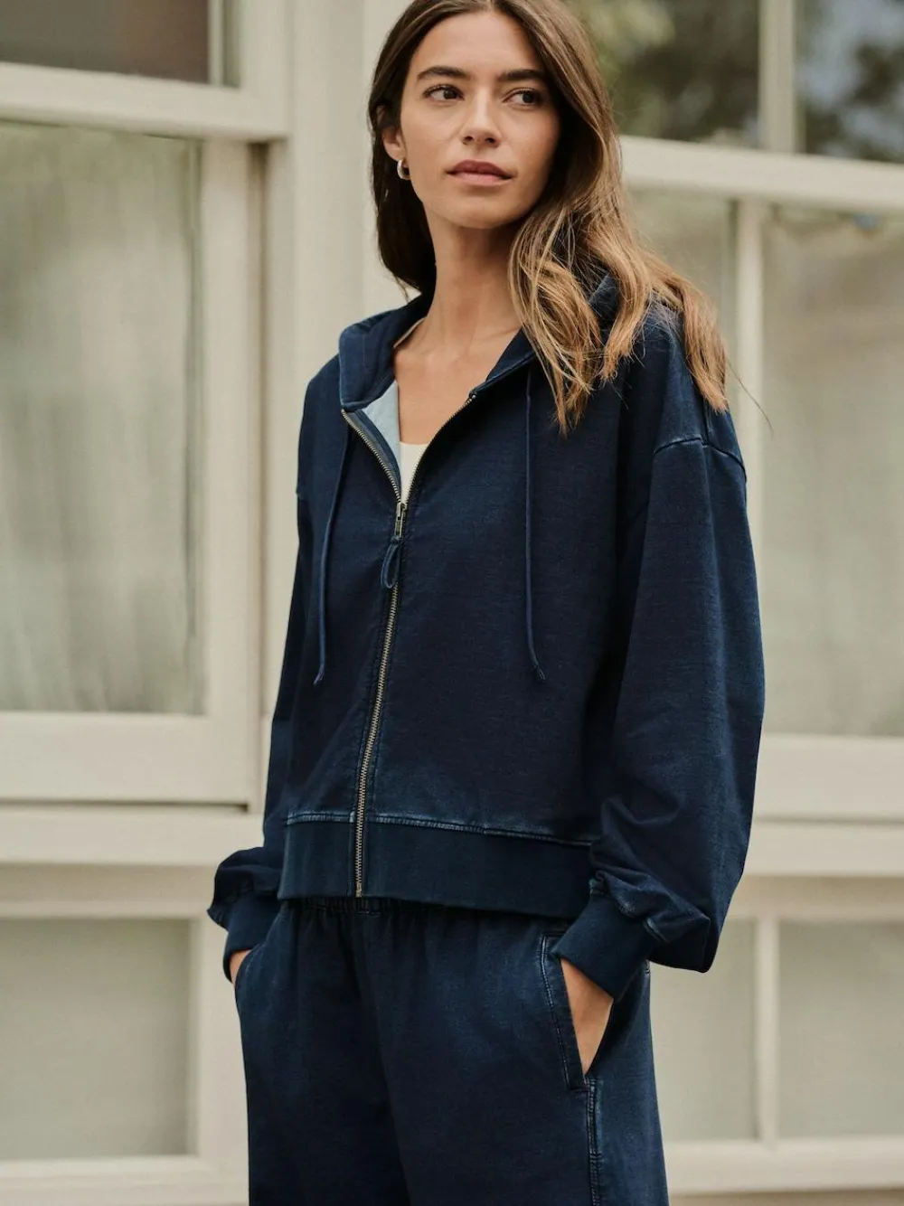 Hot Next Dark Blue Denim Jersey Zip Through Hoodie