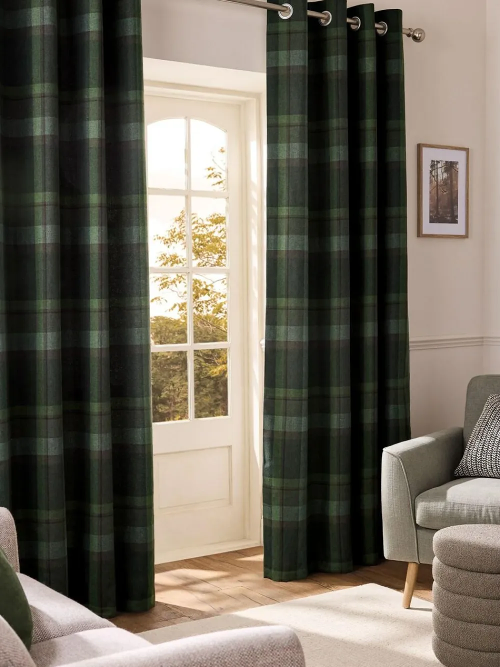 Next Dark Green Brushed Check Lined Eyelet Curtains^ Curtains & Blinds