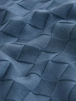 Next N.Premium Regular Fit Checkerboard Knitted Short Sleeve Zip Neck Polo Shirt Denim Blue